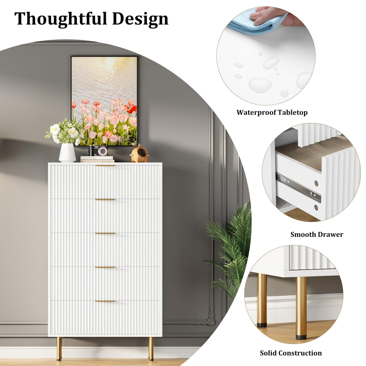 Cómoda moderna Garvee de madera 5 cajones acanalados tiradores metálicos elegantes blanco para salón dormitorio y entrada