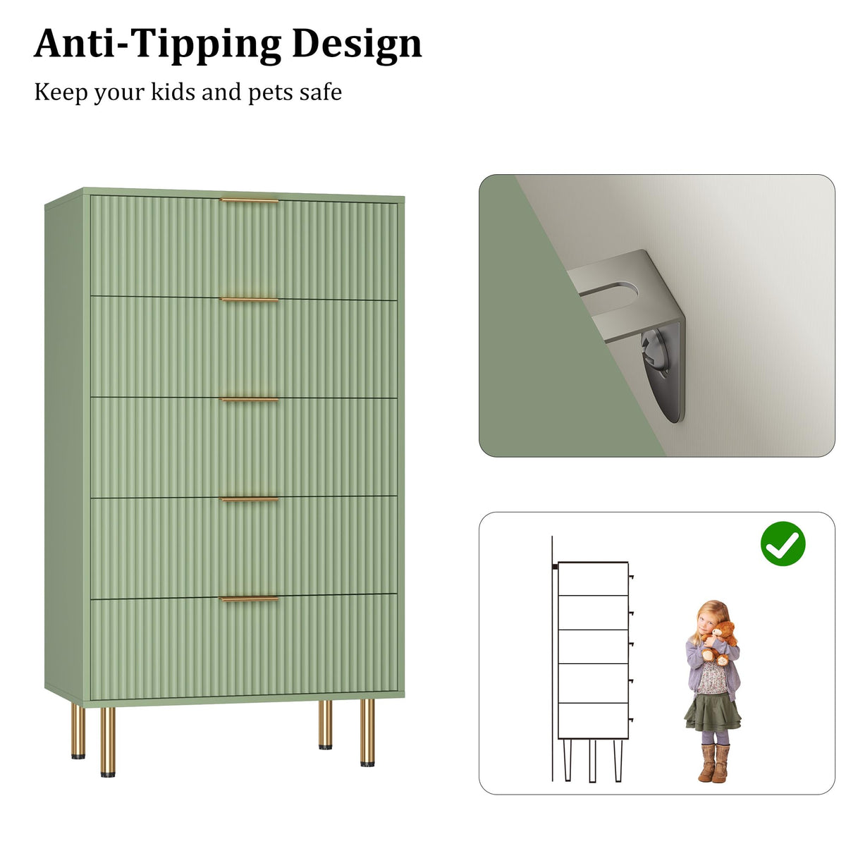 Cómoda vertical Garvee de 5 cajones en ambiente de dormitorio
