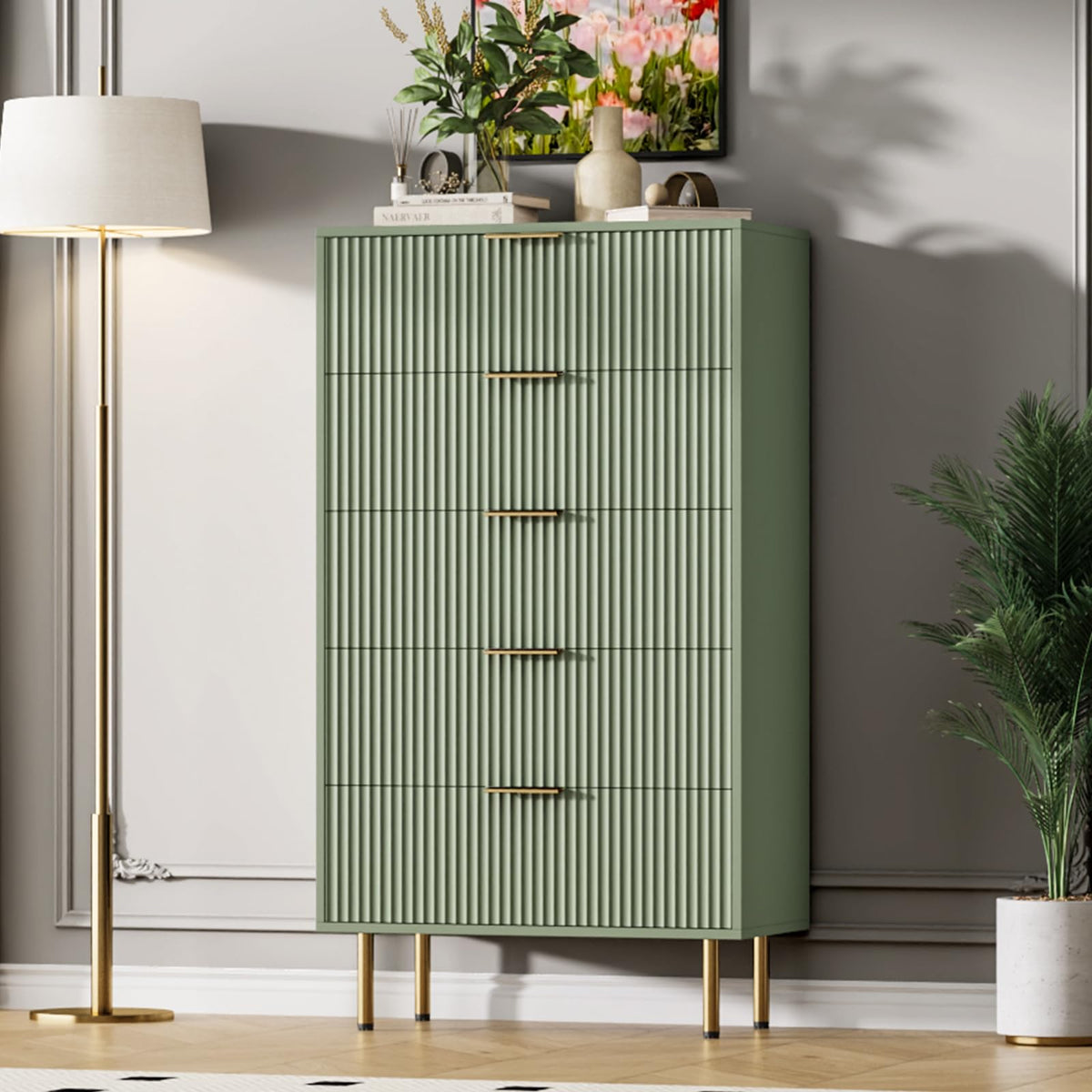 Garvee Cómoda Vertical de Madera 5 Cajones Acanalados Verde Gris Mate